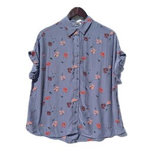 Lucky Brand Women Shirt Top Blouse Small Button Boho Short Sleeve Blue Floral NW